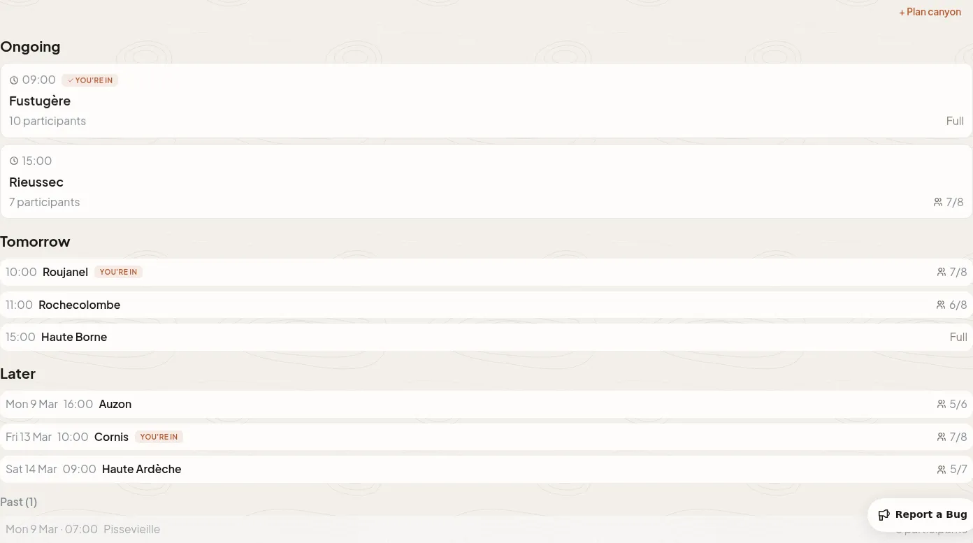Trip schedule showing ongoing, tomorrow, and later sections with canyon names, times, and participant counts
