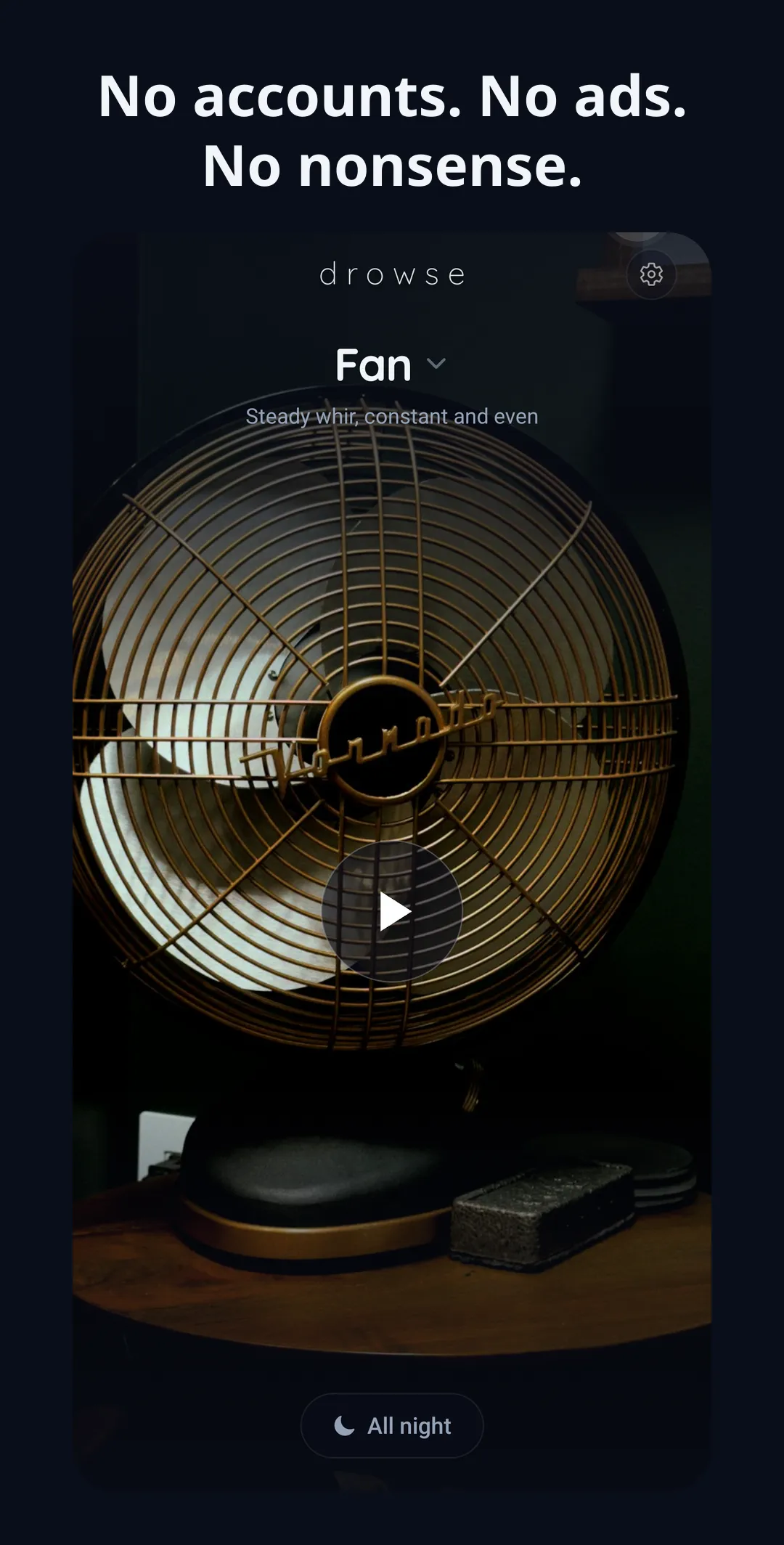 Drowse Play Store screenshot showing the fan sound screen