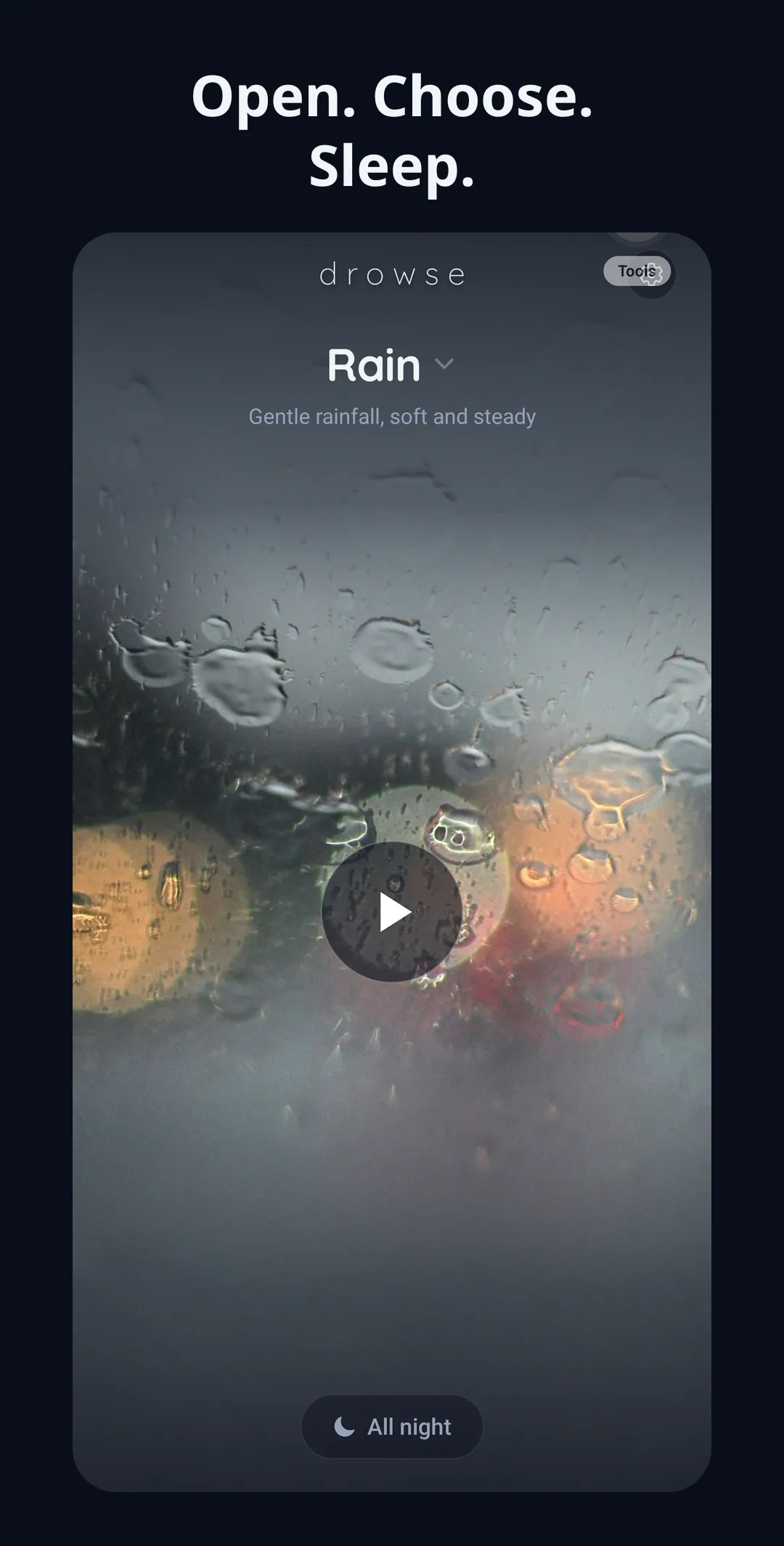 Drowse Play Store screenshot showing the rain player screen