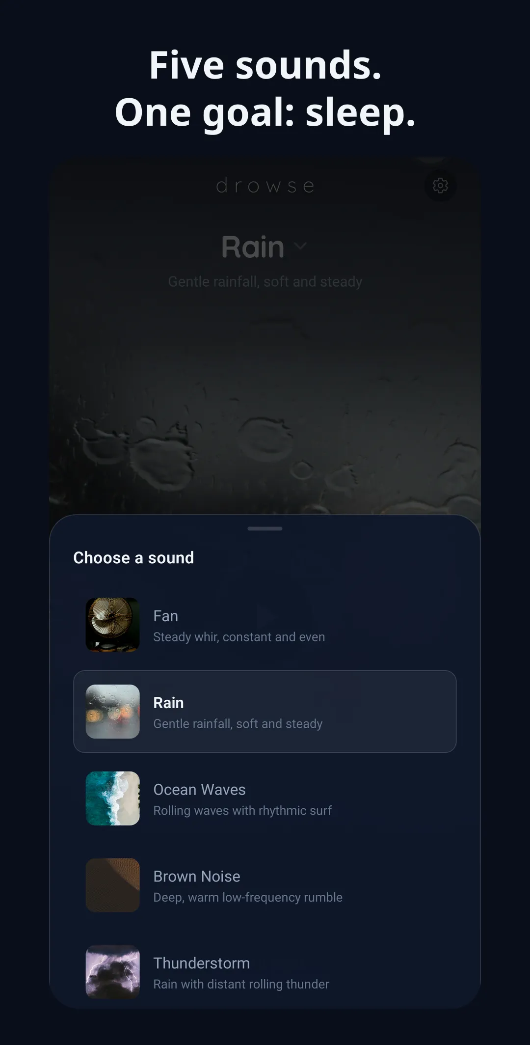 Drowse Play Store screenshot showing the sound picker